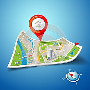 Folded maps navigation with red color point markers