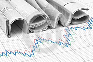 Folded newspapers and graph. Concept of business and financial news