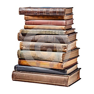 Folded old books isolated on transparent background. Old paper, old stories. Side view. Folded closed old books as a