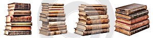 Folded old books isolated on transparent background. Old paper, old stories. Side view. Folded closed old books as a