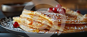 Folded pancakes with red berries on the plate on the wooden table. Horizontal banner 7:3