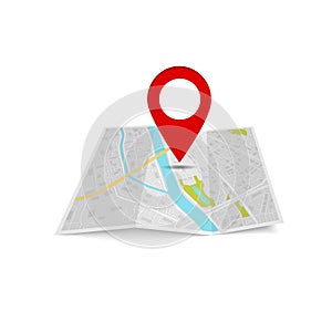 Folded paper map with pin. Flat city icon with road, street for gps navigation in travel. Route direction marker in place journey