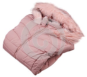 Folded pink woman full zipper down jacket, rain proof winter jacket with fur isolated on a white background.