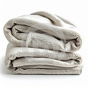 Folded Plush Beige Blanket in Soft Light on White Background Cozy and Warm Fabric Texture