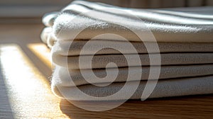 Folded white fabric on a wooden surface.