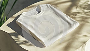 Folded white t shirt resting on display in natural sunlight