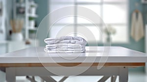 Folded white towels on countertop with laundry machine in background. AIG35.