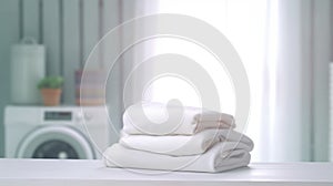 Folded white towels on countertop with laundry machine in background. AIG35.