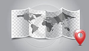 Folded world map with gps marks.