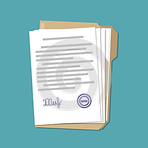 Folder with business paper documents on blue in flat style, stock vector illustration