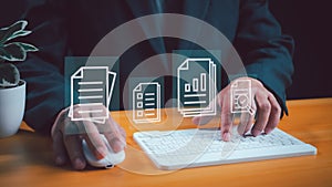 Folder document Management System DMS Open File folder with flying blank documents with computer. Data transfer backup, File