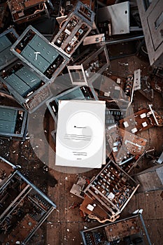 Folder for documents on the background of parts of old electronic devices.