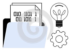Data File Management Concept with Binary Code, Innovation, and Settings Gear