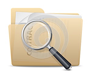 Folder icon with business documents inside and magnifying glass. Vector illustration on white background