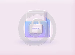 Folder with lock and files. Secure confidential files folder with paper documents access and private lock 3D Web Vector