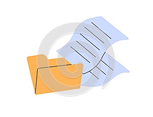 Folder with paper documents icon. Yellow office file with business docs, project, data report, official information