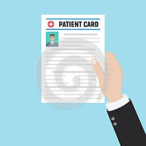 Folder with patient card and doctors hand with magnifying glass. medical report. analysis or prescription concept. vector