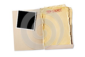 Folder with top secret old yellowed paper and mockup for vintage photo