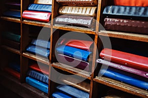 Folders with archival documents are located on wooden shelves. Retro style. Selective focus