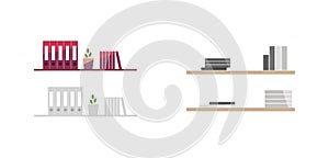 Folders and book on shelves flat color vector objects set
