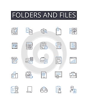 Folders and files line icons collection. Directories and documents, Containers and data, Archives and records, Binders