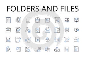 Folders and files line icons collection. Directories and documents, Containers and data, Archives and records, Binders