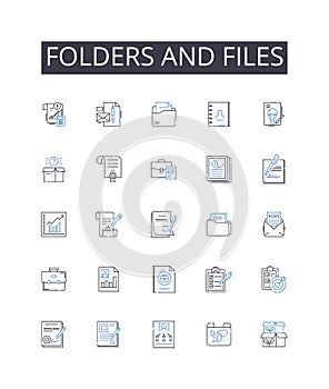 Folders and files line icons collection. Directories and documents, Containers and data, Archives and records, Binders