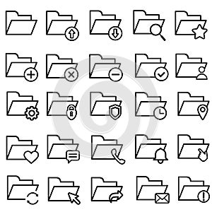 Folders flat line icons set. File catalog, document search, folder synchronization, local network vector illustrations. Outline mi