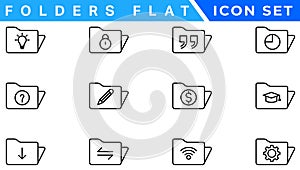 Folders flat line icons set. File catalog, document search, folder synchronization, local network vector illustrations. Outline