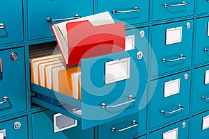 Folders inside filing cabinet, archive room. 3D rendering