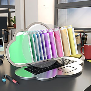 Folders popping out from a computer shaped as a cloud