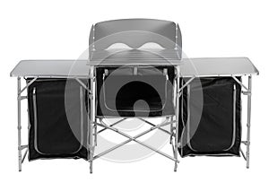 Folding aluminum table for camping or travel, consisting of three sections, on a white background