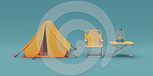 Folding camping chair with camping equipment outside tent on camping site, elements for camping, traveling, trip, 3d rendering.