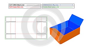Folding Corrugated tray box and corrugated tray template, 3D render and Die line template with editable and resizeable