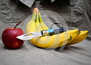 Folding knife stainless steel blade blue handle and fresh ripe yellow bananas red apple natural gourmet dessert product close up g