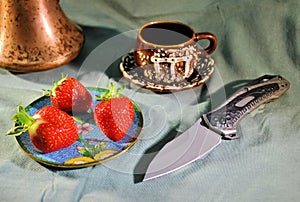 Folding knife stainless steel sharp blade aluminum gray handle red fresh strawberry close up still life background