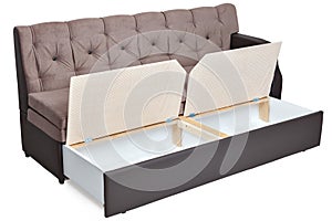 Folding light brown fabric sofa bed with storage.