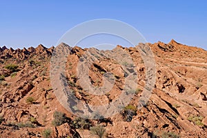 Folding and natural hexagonal column of the mountains, canyon of Cuesta Del Viento, Rodeo, San Juan, Argentina