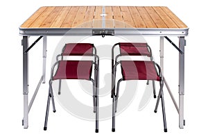 Folding picnic table, set in a high position, there are chairs under the table, on a white background
