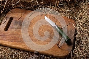 A folding pocket knife lying on a cutting board. A cutting board lying on the hay