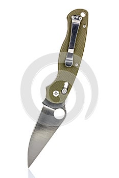 Folding pocket knife with open matte blade and textured dark green composite plastic cover plates on steel handle isolated on