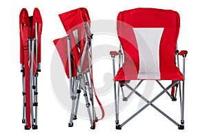 Folding red chair for camping or fishing, three options, on a white background