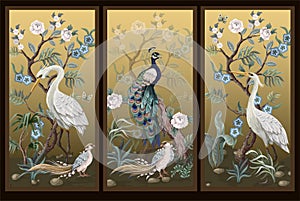 Folding screen in chinoiserie style with peacock and peonies on golden background. Vector.