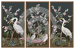 Folding screen in chinoiserie style with storks and peonies. Vector.