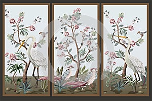 Folding screen in chinoiserie style with storks and peonies. Vector.