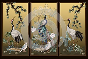 Folding screen in chinoiserie style with white cranes. Vector.