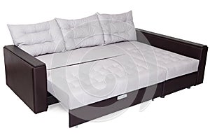 Folding sofa bed of white, full-size, armrests upholstered brown