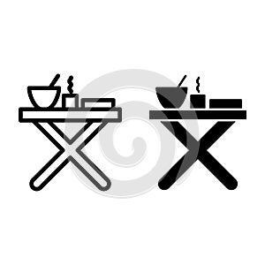 Folding table with dinner line and glyph icon. Camping table vector illustration isolated on white. Picnic table outline