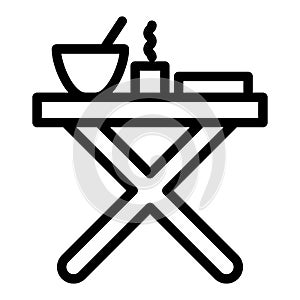 Folding table with dinner line icon. Camping table vector illustration isolated on white. Picnic table outline style