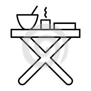 Folding table with dinner thin line icon. Camping table vector illustration isolated on white. Picnic table outline